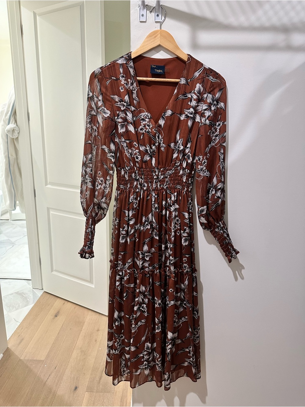 Floral Smocked Waist Midi Dress in Rust Floral